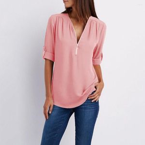 Blouses pour femmes femmes fermeture éclair col en V Blouse à manches courtes Sexy solide femmes hauts grande taille en mousseline de soie tissu chemises décontractées femme # p5