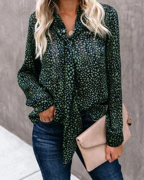 Blusas de mujer Blusa de gasa de manga larga con estampado de leopardo informal y cuello con pajarita