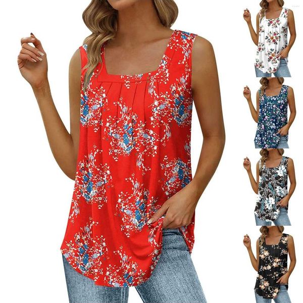 Blusas de mujer, camisetas holgadas informales sin mangas para mujer, túnica plisada con botones florales a la moda, Tops con cuello en V, jersey para mujer, camiseta sin mangas de verano