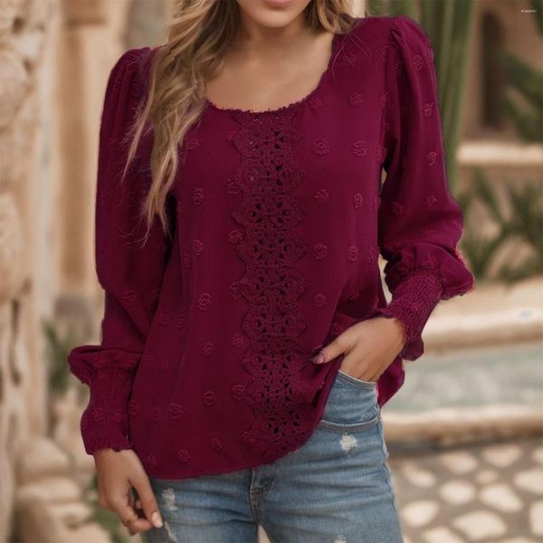 Blusas de mujer Camisa sólida informal para mujer Cuello redondo Burbuja Manga larga Top Otoño Lunares Blusa de retazos de encaje Camisas de mujer Suéter Tops