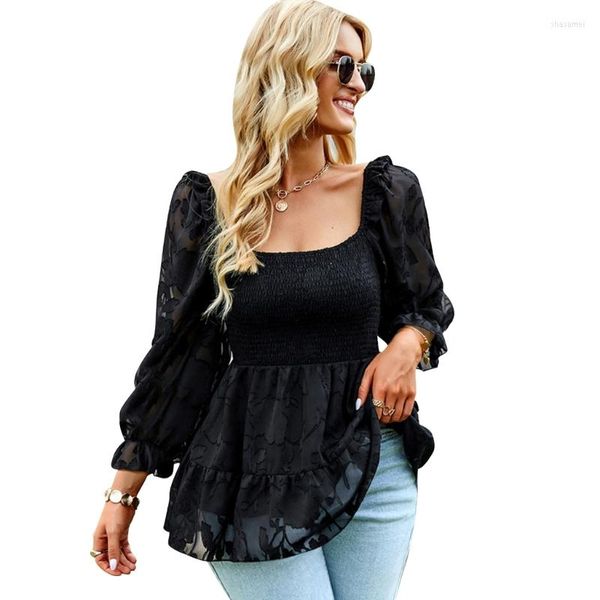 Blusas de mujer Blusa elegante para mujer Cuello cuadrado Smocked 3/4 Mangas abullonadas Chifón con textura floral Túnica Camisas Plisado Swing Peplum Top