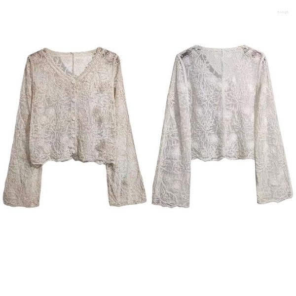 Blouses pour femmes femmes dentelle florale Crochet à manches longues Cardigan court haut Style coréen col en v boutonné maille transparente vestes