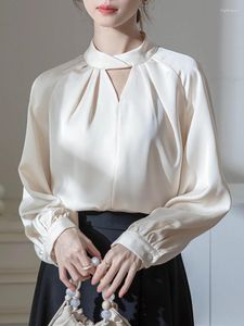 Damesblouses Dames Frans elegant overhemd met pofmouwen, hangende hals, effen, losse pasvorm, geavanceerd gevoel temperament, zijdesatijn top 2023