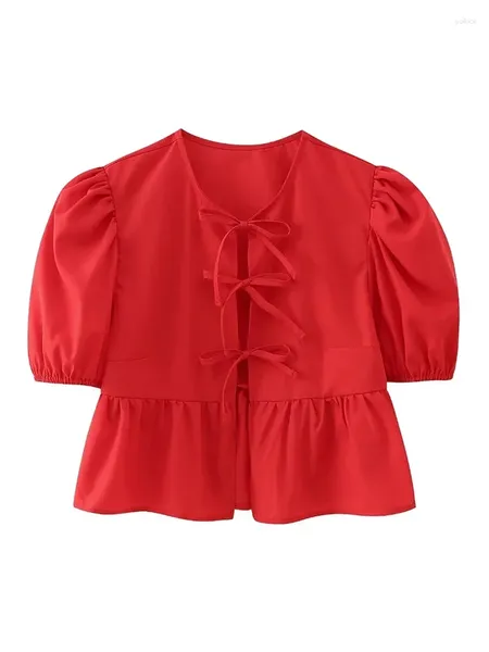 Blouses Femmes Femmes O-cou Casual 2024 Plissé Court Tops Dames Printemps Eté Vintage Manches Bouffantes Rouge Point Ouvert À Lacets Blouse