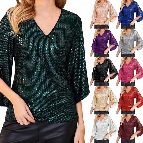 Blusas para mujeres Topas de lentejuelas para mujer 3/4 Slebitter brillante blusa de fiesta brillante V cuello elegante para g camisas