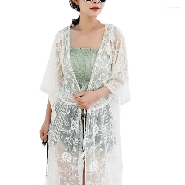 Blusas para mujeres para mujeres Sexy Sheer Lace Kimono Cardigan Medias Medias Atagación de traje de baño delantero abierto Bordado Floral Long Beach BLUS