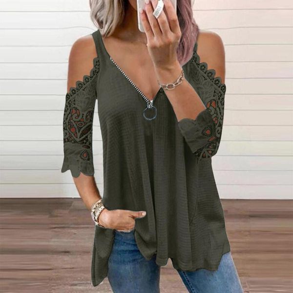 Blouses pour femmes femmes Sexy col en V fermeture éclair solide foncé t-shirt femmes robe boutonnée quart manches chemises pour