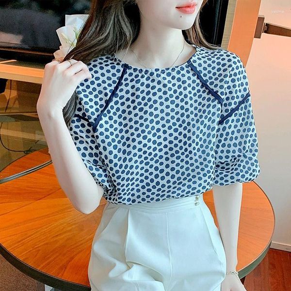 Blusas de mujer Blusa de camisa de mujer Ropa elegante y juvenil Tops azules para mujeres Puntos con mangas abullonadas Tendencia elegante de Corea social 2023