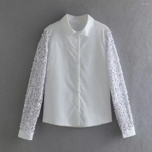 Chemisiers femmes chemise à paillettes haut à manches longues décontracté blanc Blusas Mujer Patchwork bouton dames mode été Ins 2024