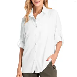 Blusas de mujer Camisas para mujer Top de manga larga Camisa informal para senderismo al aire libre Camiseta de gran tamaño con cremallera sólida suave para mujer Blusa elegante con botones