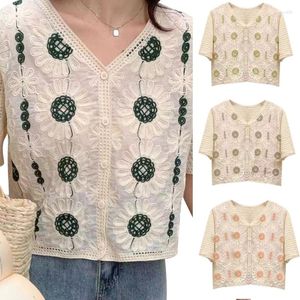 Dames blouses dames zomer holle break-break crochet crop tops short mouw t-shirt knop down tees streetwear