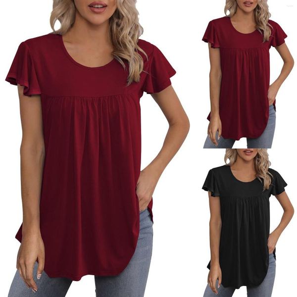 Chemisiers pour femmes Tops pour femmes Solide à volants à manches courtes O Neck Loose Sky Blouse pour les femmes Chemise High Low