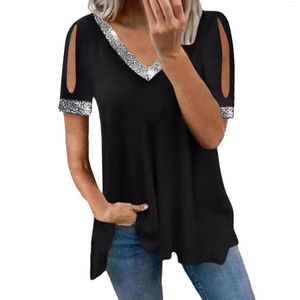 Blusas de mujer Top de verano de manga corta de color sólido con cuello en V para mujer con dobladillo suelto ancho Camisa grande informal