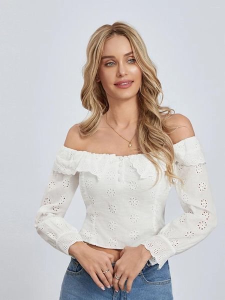 Blouses pour femmes Wsevypo Chic fleur blanche Crochet chemises creuses automne décontracté hauts à volants épaules dénudées à manches longues mince culture