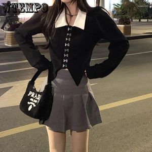 Damesblouses WTEMPO Damesblouse Vintage Zwart Elegant Harajuku Koreaans Lange mouw Slank Sexy Vrouwelijk overhemd Street chic Y2K Cropped Tops