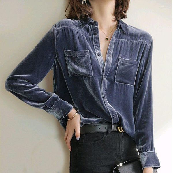 Blusas de mujer XEJ camisa de terciopelo dorado fina elegante para ropa de mujer primavera 2023 manga larga azul mujer estilo coreano