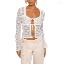 Camicette da donna Camicie Xingqing Y2k Estetica anni 2000 Donna Bianco Ruffle Trim Camicetta a maniche lunghe in pizzo floreale Fairycore Crop Top Fashion