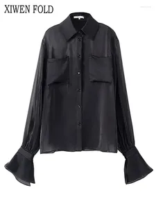 Women's Blouses Xiwen Black Organza Perspectief Big Size Blouse Women Rapel Lange Mouw Loose Fit Shirt Fashion Spring Herfst 2024 XF1829