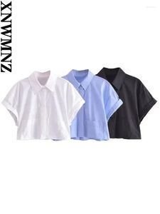 Damesblouses XNWMNZ Damesmode Crop Poplin Shirt High Street Revers Hals Korte mouw Opgestikte zak Voorknop Vrouwelijke chique blouse