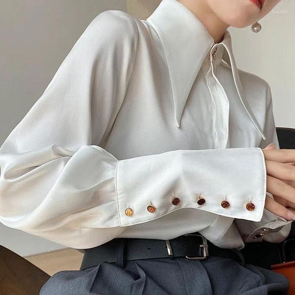 Blusas de mujer Xpqbb Camisa de seda satinada elegante para mujer Primavera Verano Blusa con cuello vuelto grande Mujer Oficina coreana OL Camisas blancas