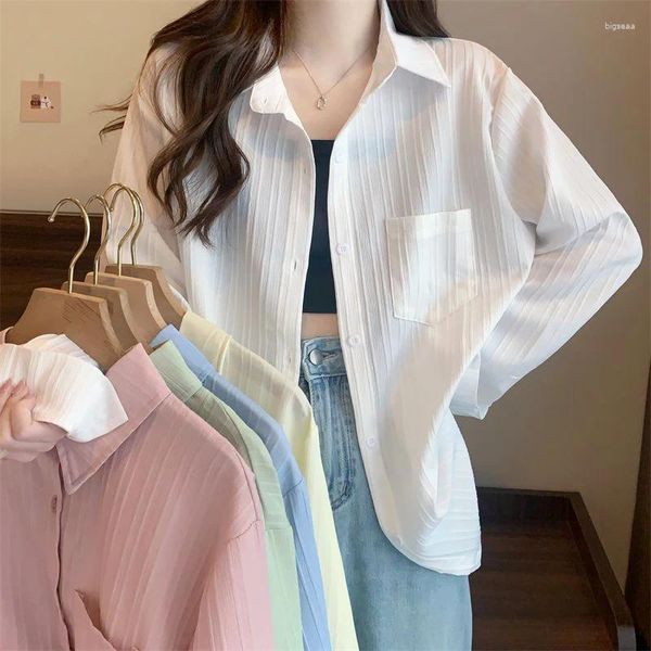 Blusas de mujer Xpqbb Camisas holgadas de manga larga de estilo coreano para mujer, blusa OL informal sólida con cuello vuelto, camisa blanca de primavera y verano para mujer