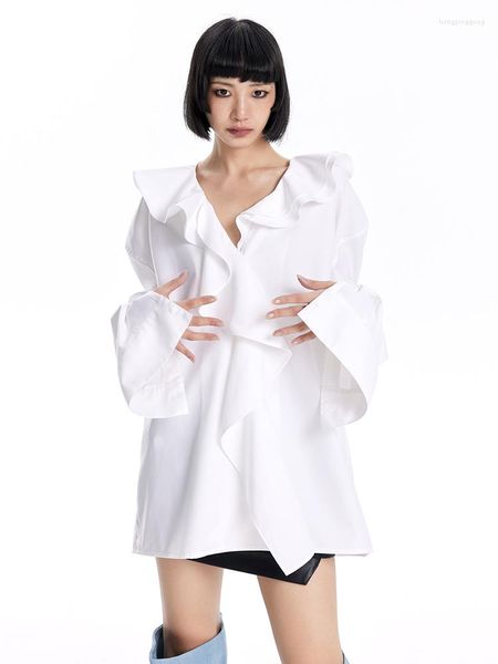 Blusas de mujer XS-6XL 2023 Otoño Irregular Cuello con volantes Camisas blancas Retro Blusa de manga larga Hombre Mujer Ropa Minimalista Top de desplazamiento