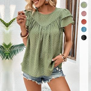 Blusas de mujer Y 2023 moda de verano con volantes de manga corta camisa verde blusa para damas cuello redondo Tops sueltos que combinan con todo