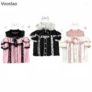 Damesblouses Y2k Mode Lolita-stijl Dames Kawaii Kant Mesh Ruches Strik Off-shoulder Korte mouw Meisjes Vintage Gothic Tops