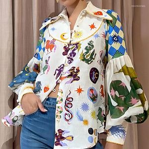 Dames Blouses Y2K INS Kleding Enkele rij knopen Kraagvorm Print Vakantie Boho Blouse T-shirt Elegant Overhemd met lange pofmouwen Top Voor