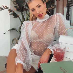 Blusas de mujer Y2k Mujeres sexy Polka Dot Mesh Sheer See-through Tops Bikini Cover-Ups Puff Medio cuello alto Linterna Blusa de manga larga