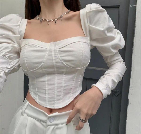 Blouses Femmes Y2K Chemises 2024 Blusas Mujer De Moda Blanc Crop Tops Tunique À Manches Bouffantes Femmes Vêtements Col Carré En Mousseline De Soie Sexy