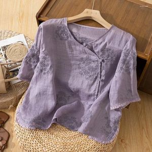 Blusas de mujer Ycmyunyan camisas de estilo chino verano 2024 bordado Vintage suelta manga corta Top cuello redondo ropa de mujer