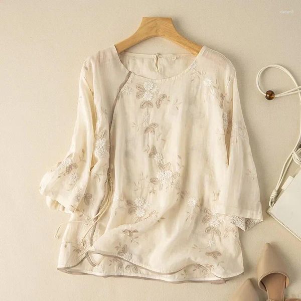 Blusas para mujeres Ycmyunyan-Women La camisa de verano de estilo chino lino de algodón vintage bordado de bordado tops de manga corta suelta
