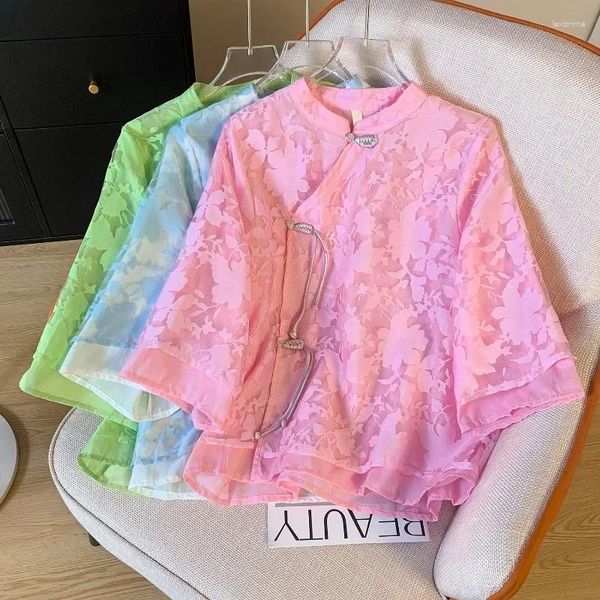 Blouses pour femmes Ycmyunyan-Women Blouse imprimée en été chinois en vrac en vrac à manches courtes Gauze Femmes Tops Vintage