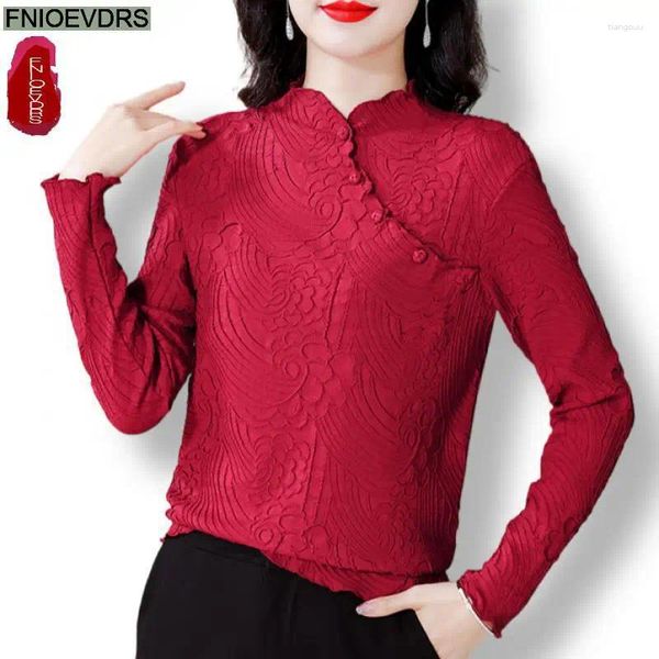 Blusas de mujer Año Tops rojos Moda Diseño francés Mujeres Sólido Botón brillante Cuello alto Camisas básicas elegantes retro vintage