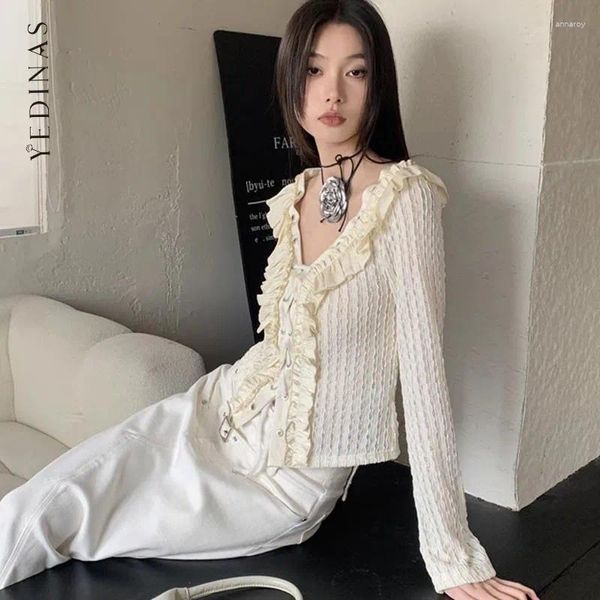 Blouses pour femmes Yedinas Fairycore Style Lace Up Blouse Femmes Vêtements à manches longues APRICOT 2024 Spring Shirt Ladies Tops Korean Fashion Y2K