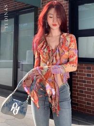 Blouses Yedinas Fairycore -stijl voor vrouwen slanke blouse dames kleding met lange mouwen Koreaanse mode gegolfd dye shirt dunne 2024 zomer