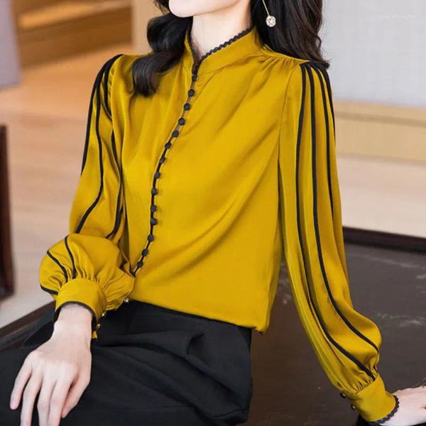 Blusas de mujer Camisa de seda real amarilla y negra Blusa de moda de primavera y otoño 2024 Manga larga Cuello redondo Elegante Casual Estilo coreano