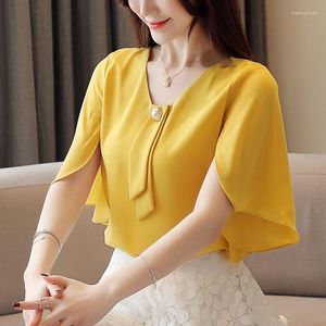 Dames Blouses Geel Chiffon Overhemd Lente Zomer Mode Blouse 2023 V-hals Korte mouw Dames Koreaanse stijl Elegant Effen kleur