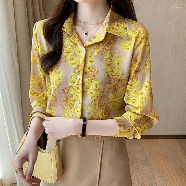 Chemisiers pour femmes jaune chemise en mousseline de soie à fleurs printemps été chemisier coréen hauts amples chemises Blusas Mujer 3065 #