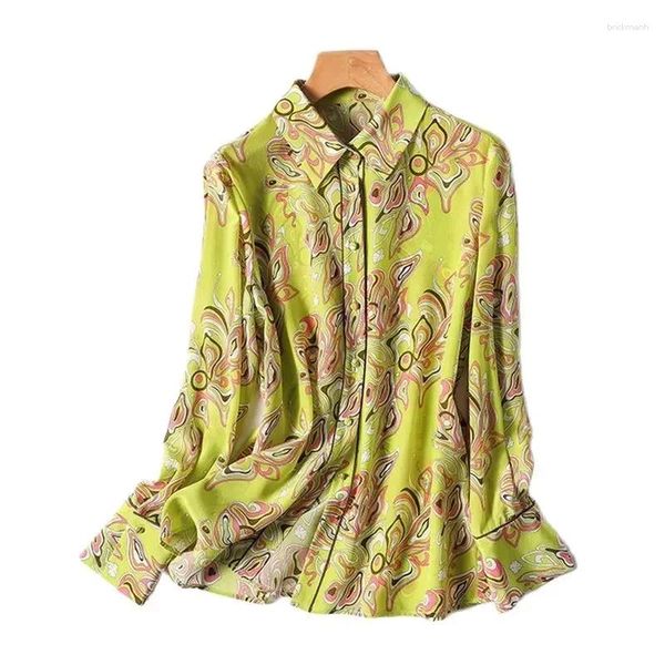 Blusas de mujer con estampado geométrico amarillo, blusa Vintage de manga larga con una botonadura, Top de moda coreana, primavera 2024 E57