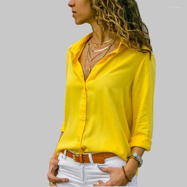 Blusas de mujer Camisa de manga larga amarilla Botón de venta básico Sólido Primavera Verano Mujer Gasa Mujer Ropa delgada Blusa Mujer Tallas grandes