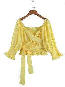 Women's Blouses Yenkye 2022 Fashion Women Yellow Wrap Crop Blouse Sexy Cross V Neck Puff Sleeve Lace Up Summer Tops