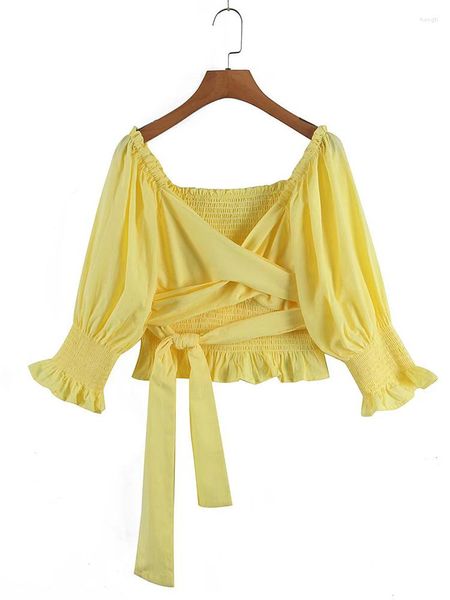 Blouses Femmes YENKYE 2022 Mode Femmes Jaune Wrap Crop Blouse Sexy Croix Col V Manches Bouffantes À Lacets Hauts D'été