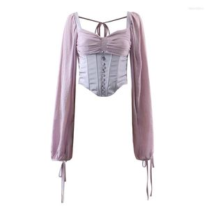 Women's Blouses Yenkye 2023 Vrouwen Vintage Purple Sexy Off Shoulder Crop Blouse Ladies Lantern Sleeve Slim Summer Tops Fashion Blusas