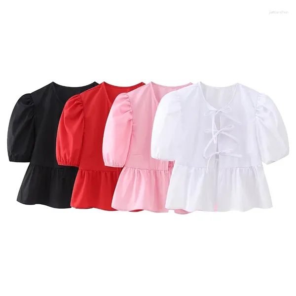 Blouses Femmes YENKYE 2024 Femmes Bow Laçage Up Puff Sleeve Crop Blouse Office Lady Chemise Chic Chemise Blusas Tops d'été