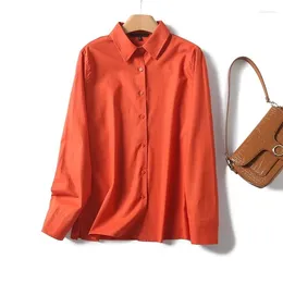 Blouses pour femmes yenkye 2024 Femmes de chemise à lin orange Blouse à manches longues Collier de bureau