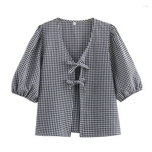 Blouses pour femmes Yenkye Bow Lace Up Plaid Shirt Femmes Vintage Puff Sleve V Neck Blouse d'été Femme Casual Tops Corde de Mujer