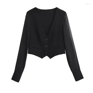 Blouses des femmes Yenkye Vintage Femmes Semi-Cheer à manches longues Patchwork Vest de style Vest Black V Neck Dames Elegant Crop Top