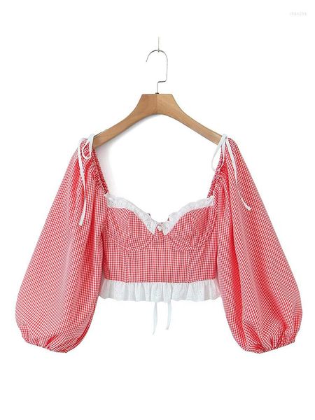 Blouses pour femmes YENKYE femmes dentelle épissée Plaid Sexy Crop Blouse Vintage lanterne manches dos pansement dos nu dames été hauts